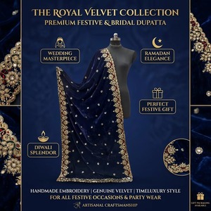 Châles en micro-velours bleu roi, brodés de sequins, style ethnique indien, pour mariée, en gros - Product Image 4