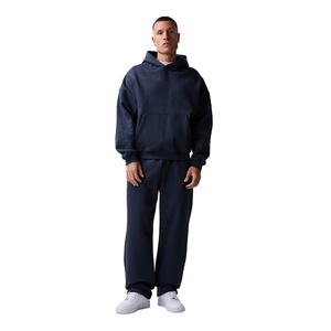 Men's Navy Blue Hooded <b>Tracksuit</b> Set Full Length Loose Fit Cotton Sweatshirt Pants Casual Autumn Wear Solid Color Side Pockets - Product Image 2