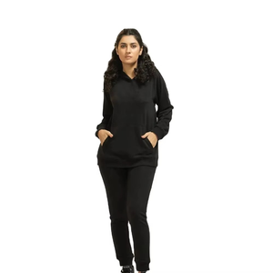 Ensemble de survêtement noir pour femmes, sweat-shirt en molleton de coton et pantalon de jogging, tenue en deux pièces, vêtements décontractés d'hiver - Product Image 1