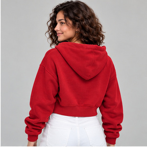 Custom Red <b>Cropped</b> <b>Hoodie</b> <b>Women</b> Bright Zip Up Sweatshirt Short Waist Activewear Fleece Hooded Jacket Streetwear <b>Hoodie</b> - Product Image 3