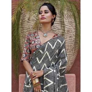 Impresionante Sari para eventos de crepé con estampado digital negro con blusa, ropa Zeel sin costuras - Product Image 4