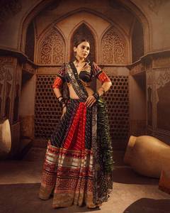 Lehenga Choli Patta en coton mousseline imprimé, avec travail de miroirs et dentelle Lampi, longueur ras du sol, prêt-à-porter spécial Navratri - Product Image 2