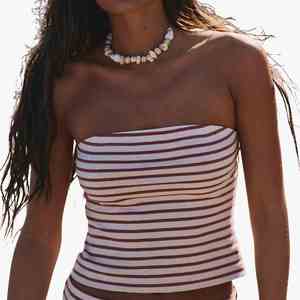 Ensemble rayé 2 couleurs pour femme : haut bustier et pantalon large – Tenue décontractée de haute qualité - Product Image 2