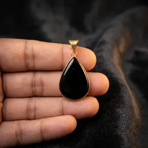 Pendentif en laiton avec cabochon en onyx noir naturel, bijoux en pierres précieuses faits à la main, vente en gros - Product Image 2