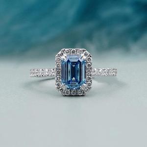 Bague de fiançailles en or blanc 14 carats avec diamant bleu fantaisie de taille émeraude cultivé en laboratoire pour femme, certifié IGI, 4g, pour promesse de mariage - Product Image 1