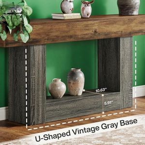 Consolle vintage in legno da 63 pollici con 2 ripiani e base a U - Product Image 3