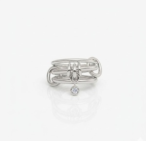 14K Solid Gold Interconnected Ring with Lab Grown Diamond Dangle <b>Three</b> Gold Link Band Link Connector Ring Stackable Charm Band - Product Image 1