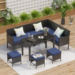 Set di Mobili da Esterno in 7 Pezzi con Cuscini Impermeabili e Tavolo in Vetro per Piccoli Spazi e Cortili - Product Image 1