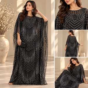 Colección de Vestidos Kaftan para Mujer, Vestido de Noche Negro con Lentejuelas Plateadas, Kaftan Maxi Estampado Abstracto en Color Crema Marfil, Corte Holgado - Product Image 6