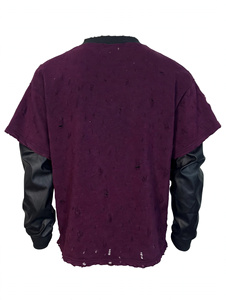Wholesale Burgundy Rhinestone Graphic Long Sleeve T Shirt <b>Layered</b> Faux Leather Sleeve Vintage Distressed Heavyweight Cotton <b>Top</b> - Product Image 5