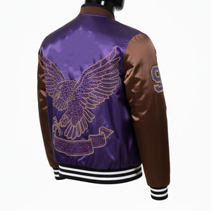 Purple Men's Bomber <b>Jacket</b> With Sequined Eagle Embroidery Brown Sleeves Zipper Closure Casual Style Autumn Wear - Product Image 2