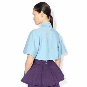 Top Corto de Cuello Alto Azul Claro para Mujer, Manga Corta, Tejido, Color Sólido, Estilo Minimalista, Corte Holgado, Primavera Verano, Detalle de Volantes - Product Image 3