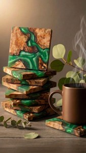 Juego de Posavasos Cuadrados de Resina, Madera y Vidrio, Posavasos Rústicos Verdes para Bebidas, Vajilla para el Hogar, Bar, Cafetería - Product Image 3