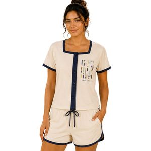 Ivory And Navy Women Two Piece Shorts Set Square Neck Button <b>Top</b> Custom Logo Print Casual Summer Cotton Lounge Wear Outfit OEM - Product Image 1