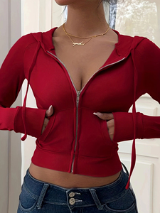 Sudadera con capucha y cremallera para mujer, top corto de manga larga, tejido de punto, color sólido, transpirable, para otoño - Product Image 1