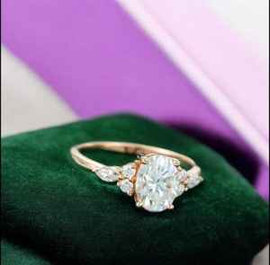 Bague de fiançailles ovale en moissanite 3 carats, style vintage, grappe, en argent sterling 925 plaqué or 14 carats, coupe marquise, Art Déco - Product Image 4