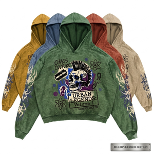 Sweat à capuche personnalisé épais vintage délavé à l'acide, imprimé graphique surdimensionné, en molleton, style punk squelette streetwear - Product Image 1