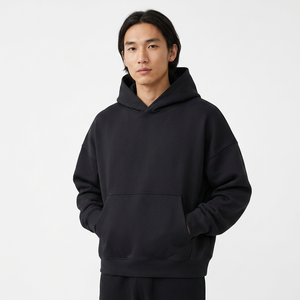 Sudadera con Capucha Extra Grande para Hombre, Color Negro Sólido, Estilo Casual con Bolsillo Frontal, para Otoño - Product Image 2