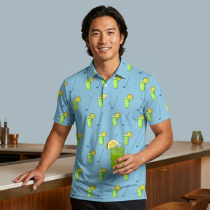 Camisa Azul Claro para Hombre con Estampado de Bebida Verde, Manga Corta, Informal, de Punto, Poliéster Transpirable, Antiarrugas, de Secado Rápido, ODM - Product Image 3