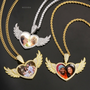 Colgante de Plata de Ley 925 con Alas de Ángel y Corazón para Foto, Colgante Personalizado con Imagen, Colgante con Foto Personalizada de Moissanita - Product Image 4