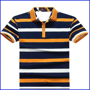 เสื้อโปโลแขนสั้นลายทางสำหรับผู้ชาย ทรงลำลอง ผ้าถัก สีน้ำเงิน ขาว เบจ ดีไซน์ปกเสื้อ - Product Image 2