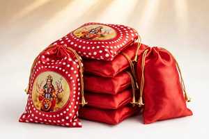 Sac cadeau en satin rouge avec cordon de serrage, pochette à suspendre, ornement à pompon, sac d'emballage pour festival - Product Image 3