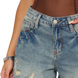 Pantalon large en jean délavé bleu clair pour femme, taille mi-haute, coupe ample, respirant, style vintage, déchiré, décontracté, longueur genou, idéal pour l'été - Product Image 5