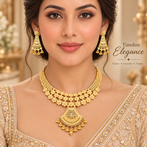 Graceful Floral Statement Necklace <b>Set</b> | 24K Gold Polish Copper Brass <b>Jewelry</b> | Traditional <b>Bridal</b> Wedding Pendant Earrings <b>Set</b> - Product Image 4