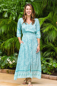 Bohème rayonne imprimé mi-longueur Maxi robe femmes attrayant col en v manches longues tissé bouton plage vacances motif à la mode - Product Image 6