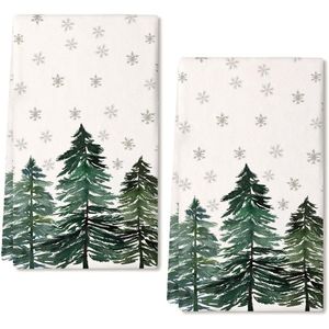 Set di 2 Strofinacci da Cucina Natalizi Verdi con Albero di Natale e Fiocchi di Neve, 18x26 Pollici, per Asciugare, Decorazione Rustica per la Casa - Product Image 2