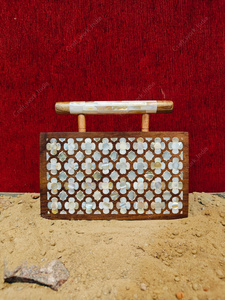 Luxury Wooden Clutch <b>Handbag</b> with Mother of <b>Pearl</b> Floral Inlay Top Handle Designer Evening Party Wedding Bag - Product Image 4