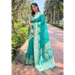 Sari en organza vert de mer Elite Weaves, tissé avec des motifs floraux arc-en-ciel et des fils zari, avec un chemisier non cousu, robe de demoiselle d'honneur unique, 0,6 g - Product Image 3