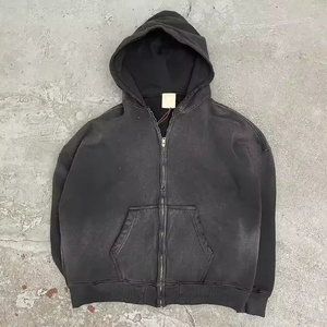 Sweat à capuche zippé en coton pour homme, coupe carrée, avec logo personnalisé, effet vintage, délavé, vieilli, délavé à la pierre, délavé soleil et à l'acide - Product Image 3