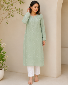 Trending Sage Green Hand <b>Embroidered</b> Lucknowi Chikankari Straight Kurti - Elegant Cotton Ethnic <b>Tunic</b> Top for Women - Product Image 2
