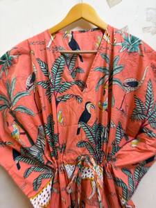 Women's Red Floral Print 100% Cotton Straight Maxi <b>Kaftan</b> <b>Dress</b> V Neck Batwing Sleeves Drawstring Eco-Friendly Breathable Daily - Product Image 3