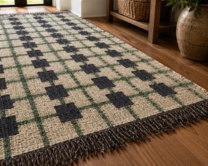 Alfombra Artesanal a Cuadros Verdes de Lana y Yute, Antideslizante, Resistente a las Manchas, de Pelo Corto, Geométrica, Estilo Rústico Moderno Boho para Sala de Estar - Product Image 2