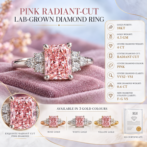 แหวนเพชรรูปทรงเรเดียนท์สีชมพู เพชรเลี้ยงในห้องปฏิบัติการ ทองคำ 18 กะรัต เพชรกลางสีชมพู 4 กะรัต ระดับความสะอาด VVS2 VS1 |   ได้รับการรับรองจาก IGI สำหรับงานแต่งงานที่ทันสมัย - Product Image 5