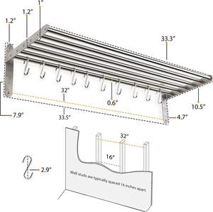 Stainless Steel Wall Shelf with <b>Hooks</b> for Hanging Pots Pans Chrome Finished <b>Kitchen</b> Organizer Rack - Product Image 2