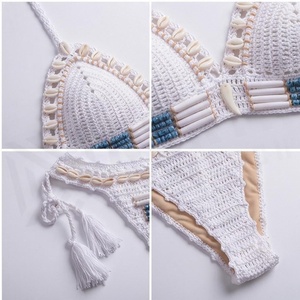 White <b>Crocheted</b> Bikini <b>Set</b> With Beading And Tassel Details Halter Neck <b>Two</b> <b>Piece</b> Swimwear For Women - Product Image 4