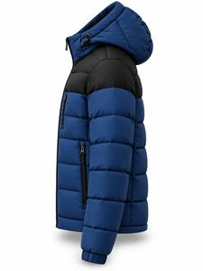 Men's Blue Black Hooded Puffer <b>Jacket</b> Waterproof Windproof Zipper Closure Polyester Wadding Winter <b>Casual</b> Coat Front Logo - Product Image 4