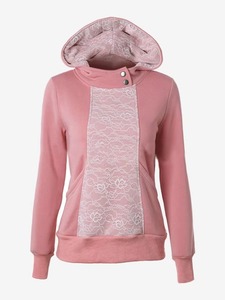 Sweat-shirt personnalisé pour femme en molleton de coton avec capuche en dentelle, empiècement floral en dentelle rose, col cheminée boutonné, vente en gros OEM - Product Image 1