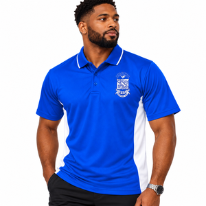 Phi Beta Sigma <b>Royal</b> <b>Blue</b> Men <b>Polo</b> <b>Shirt</b> Short Sleeve Embroidered Crest Contrast Side Panel Collared Performance Casual Top - Product Image 1