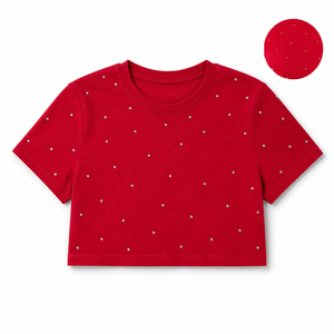 Y2K Style Rhinestone <b>Crop</b> <b>Top</b> Women's Shirts Custom <b>Red</b> Baby Tee Slim Stretch Blouse Streetwear Summer <b>Top</b> OEM Supplier - Product Image 3