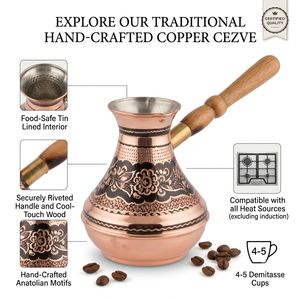 Cezve vintage bicolore noir en cuivre gravé à motifs floraux, pour café turc, à poser sur cuisinière, type Briki grec, avec base ronde et poignée en bois robuste - Product Image 2