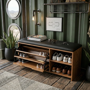 Banco de almacenamiento de madera de estilo moderno de mediados de siglo con cojín superior y estantes abiertos para muebles de sala de estar - Product Image 4