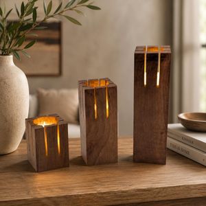Porte-bougie rectangulaire en bois de style rustique, résistant à la chaleur, fait à la main, en bois naturel, centre de table de Noël - Product Image 1