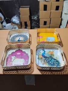 Handcrafted Indian Decorative <b>Square</b> Metal Serving Trays <b>Set</b> with Cutout Border Handles Tabletop Storage Organizer Platter <b>Set</b> - Product Image 3