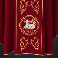 Chasuble Liturgique Rouge avec Symboles Chrétiens Brodés Or, Vêtement Sacerdotal Catholique pour Adulte, Tenue de Culte d'Église Haut de Gamme