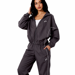 Custom Women's Dark Grey Nylon Windbreaker Stripe Tracksuit Lightweight Full Zip <b>Jacket</b> and Athletic Pants Set Wholesale Hoodies - Product Image 1