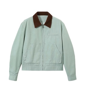 Chaqueta de Trabajo de Lona Gruesa Personalizada, Cuello de Pana, Cierre de Cremallera, Estilo Vintage Desgastado, Chaqueta de Mezclilla Tipo Camionero - Product Image 1